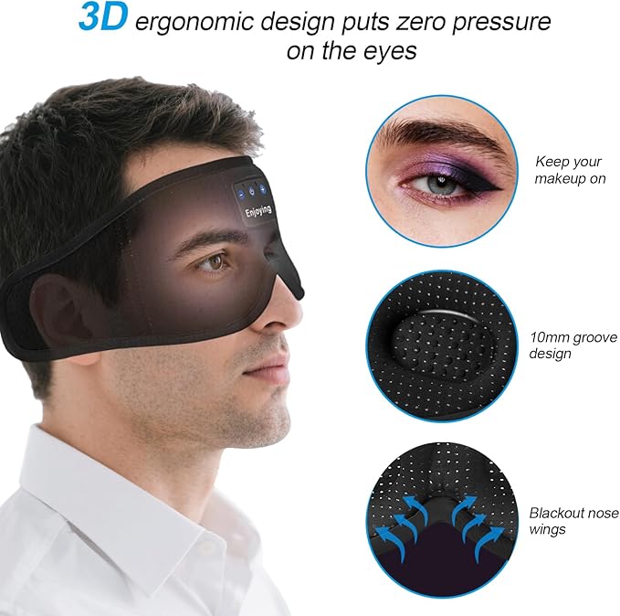 Sleep Headphones, Sleep Mask Bluetooth Wireless Music Eye Mask, Sleeping Mask for Side Sleepers Sleep Mask with 3D Bluetooth Headphones Ultra-Thin Stereo Speakers Perfect for Sleeping (Black) - Bloomnest