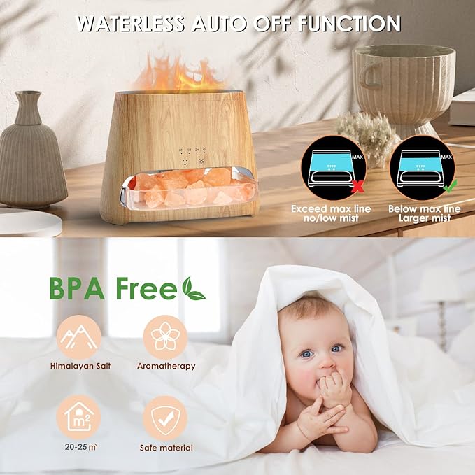 SALKING 2-in-1 Ultrasonic Essential Oil Diffuser & Himalayan Salt Lamp, Aromatherapy Diffuser Cool Mist Humidifier with Auto Off Function, 100% Pure Himalayan Pink Salt Rock, 150ml (Wooden Grain) - Bloomnest