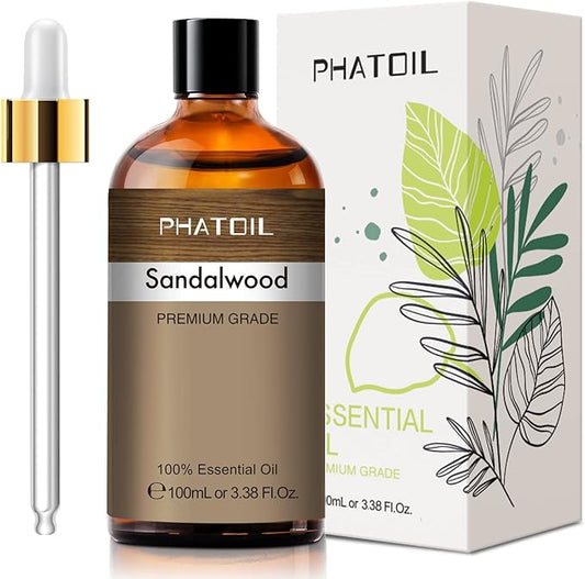 PHATOIL 100ML Sandalwood Essential Oil, Pure Aromatherapy Essential Oils for Diffuser, Humidifier, Relax, Scented Oils for Soap, Candle Making, Huge 3.38fl.oz Bottle PHATOIL