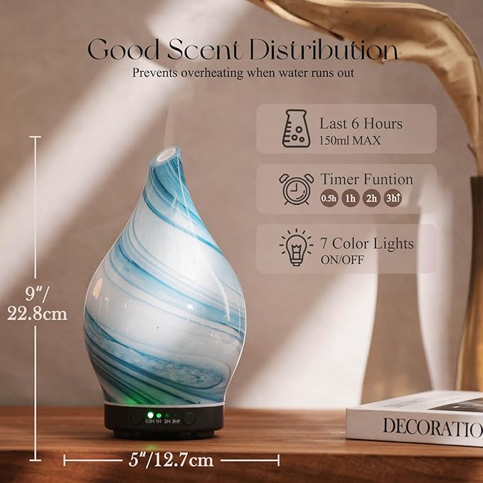 Porseme 150ml Essential Oil Diffuser Glass Color Changing Aroma Air Diffusers Aromatherapy Ultrasonic Cool Mist Humidifier 6 Running Hours Waterless Auto-Off for Sleeping Yoga Office Spa (Blue Ink) - Bloomnest