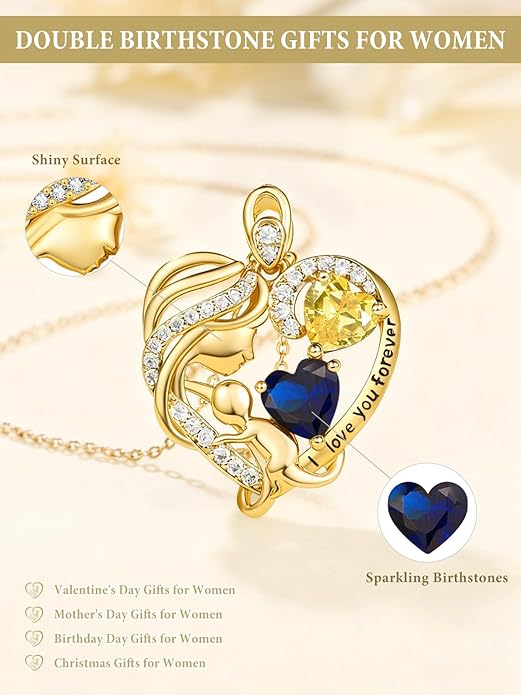 14K Gold Double Birthstone Heart Necklace for Women Mom, Mother Son/Daughter Pendant Necklace for Christmas Mother's Day Birthday Gifts for Wife Daughter Grandmom - Bloomnest