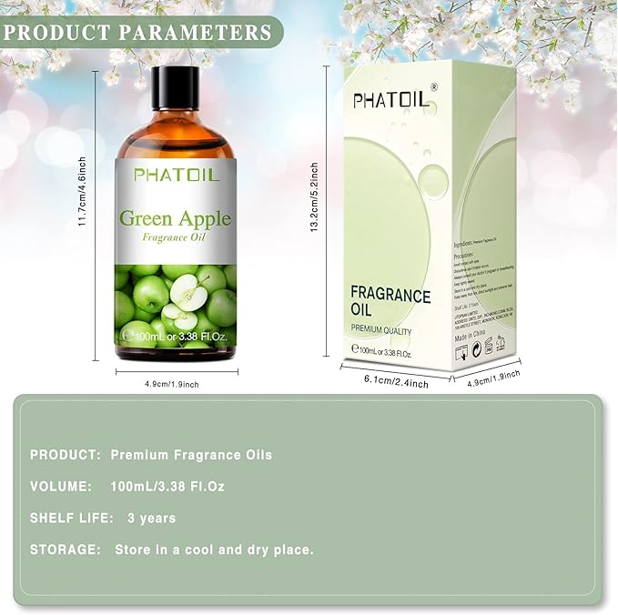 PHATOIL 3.38FL.OZ Green Apple Fragrance Oils for Aromatherapy, Essential Oils for Diffusers for Home, Perfect for Diffuser, Yoga, DIY Candle and Soap Making - 100ml - Bloomnest