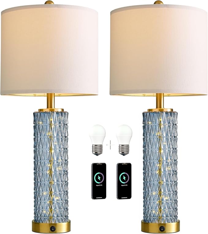 Oneach 27.75” Table Lamps Set of 2, Blue Modern Bedside Lamp with LED Night Light, USB A+C, Glass Lamps for Living Room, Bedroom, Nightstand, Office, End Table (2 Bulbs Included) - Bloomnest