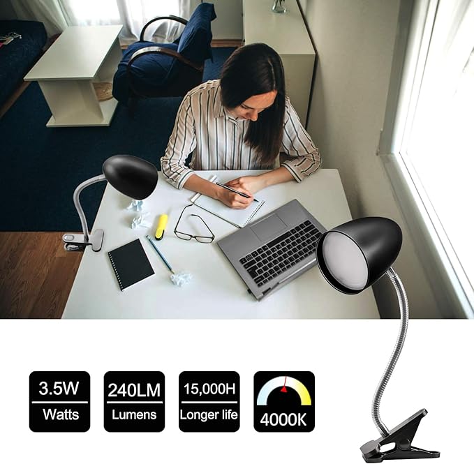 Clip on Light for Bed, Non-Dimmable Clip on Reading Light for Bed, 4000K Cool White, 3.5W 240 LM Desk lamp with clamp, Eye Protection, ETL Listed, Black - Bloomnest