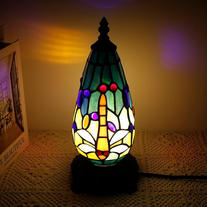 Small Tiffany Lamp Stained Glass Table Lamp 5.5X11 Inch Christmas Tree Lighthouse Mini Accent Memory Sympathy Antique Night Light for Bedroom Living Room (Blue Yellow)