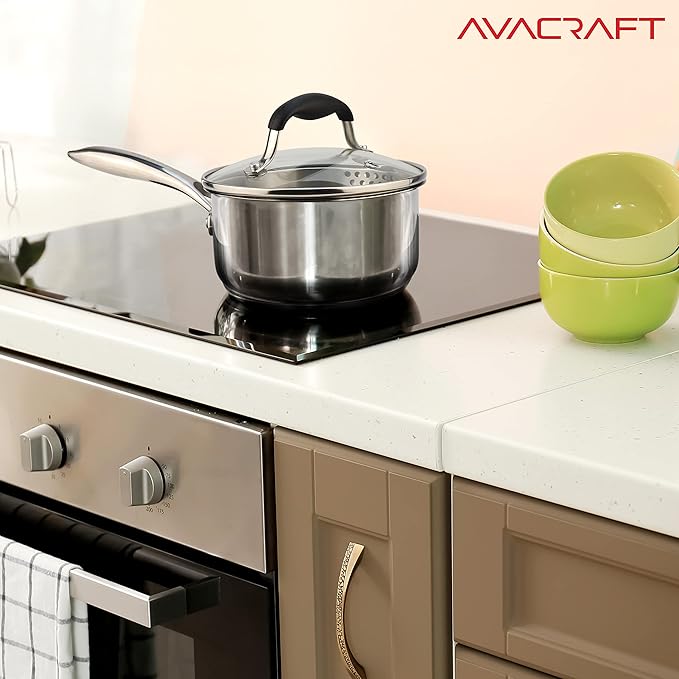 AVACRAFT Multipurpose Sauce Pan/Pot, Stainless Steel with Glass Strainer Lid, Two Side Spouts for Easy Pour with Ergonomic Handle (5-Ply Capsule Bottom, 1.5 Quart) - Bloomnest