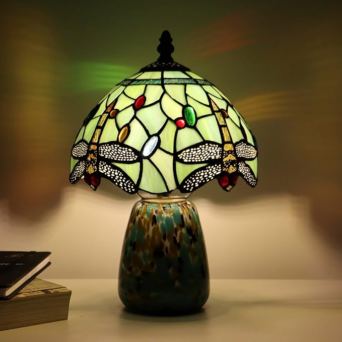 Tiffany Mushroom Table Lamp Dragonfly Style Grass Green Stained Glass Accent Lamp Brown Blue Glass Base 8X8X12 Inch - Bloomnest