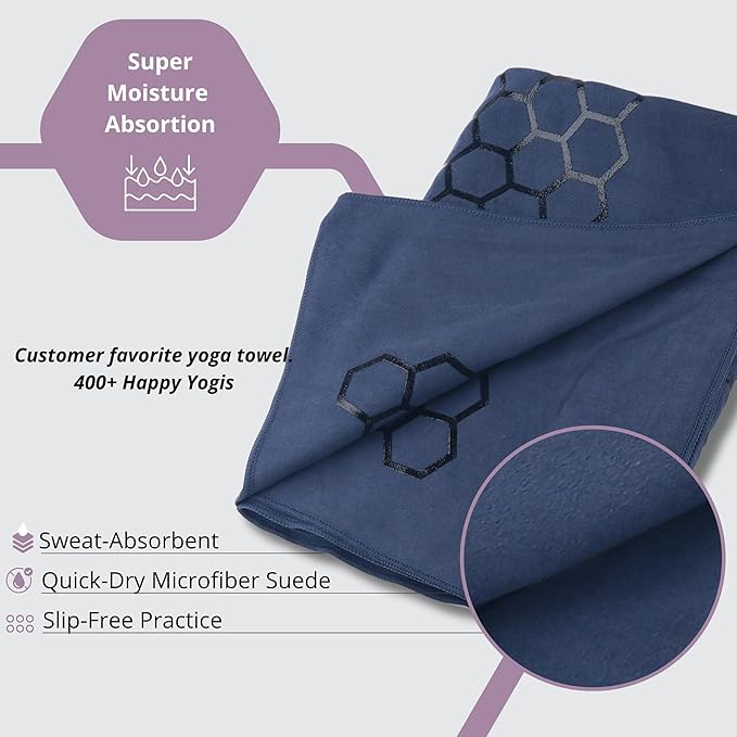 Clever Yoga Hot Yoga Mat Towel – Non-Slip Grip for Hot Yoga, Sweat Absorbent, Honeycomb Silicone Grip, Stays Flat – Ideal for Pilates, Travel, Washable & Lightweight - Dark Blue