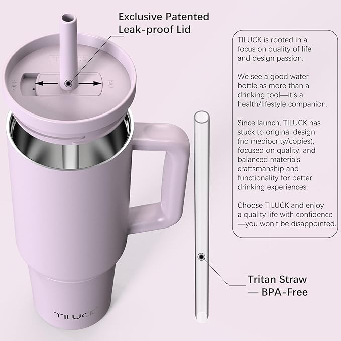 TILUCK 40 oz Tumbler with Handle, Vacuum Insulated Stainless Steel Travel Mug with 100% Leak-Proof Silicone Straw Lid, Cupholder Friendly Water Bottle(LightPurple, 40oz) - Bloomnest