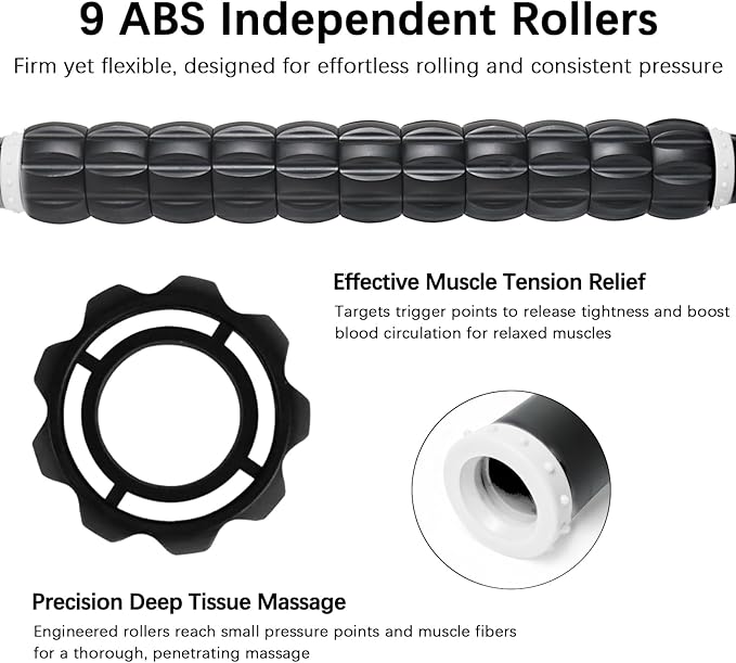 Muscle Roller Massage Roller Stick- Deep Tissue Fascia Blaster for Myofascial Pain Relief, Lymphatic Drainage & Body Sculpting, Handheld Physical Therapy & Recovery Tool (White black-18 inch) - Bloomnest