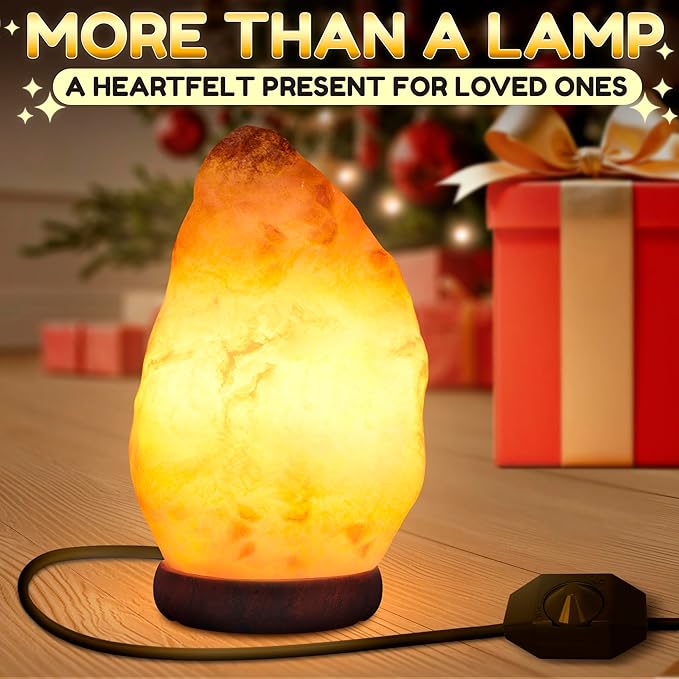 Himalayan Salt Rock Lamp with Dimmer – Hand-Carved Himalayan Salt Lamp 5.5–7 Inch (3-5.5 Lbs) with Wooden Base, Cord & Bulb – Adjustable Warm Amber Glow for Bedroom, Living Room, or Meditation Space