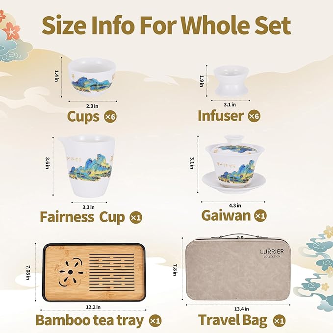 LURRIER Gongfu tea sets, Portable Ceramic TeaSet, Asian Tea sets for adult, Tea Gift sets, Grey leather case, Portable Travel Bag,Home,Gifting,Outdoor and Office(White Jade Thouand Mile and Mountain) - Bloomnest