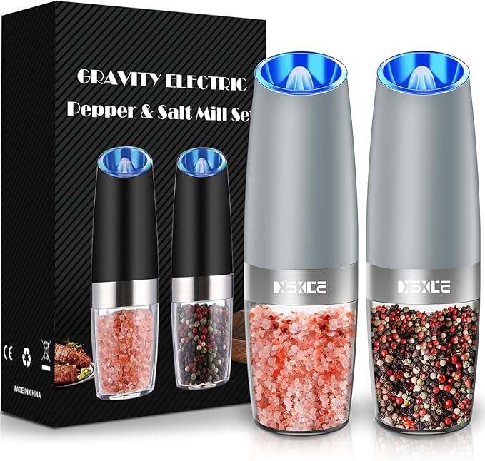 XinXu Gravity Electric Pepper and Salt Grinder Set, Adjustable Coarseness, with LED Light, One Hand Automatic Operation (Set/Light Grey X) - Bloomnest
