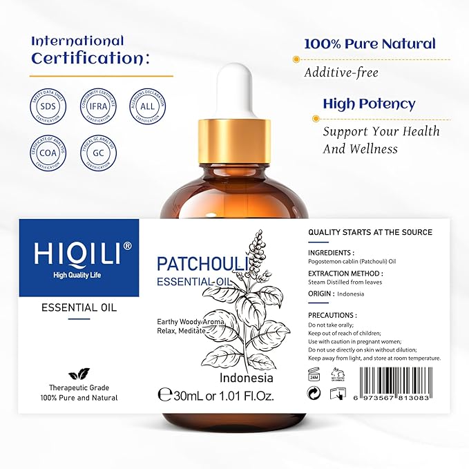 HIQILI Patchouli Essential Oil Organic, 100% Pure, for Diffuser, Homemade Perfume, Skin Care, Aromatherapy, Gift for Hippie Friend-30ML - Bloomnest
