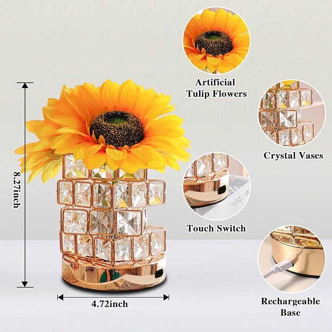 Flower Lamp with USB Charge,3-Colour Infinitely Dimmable Artificial Sunflower LED Table Lamp,Rechargeable Cordless Touch Small Night Light,Gift Ideas for Mothers Day,Xmas,Birthday (Sunflowers01) - Bloomnest
