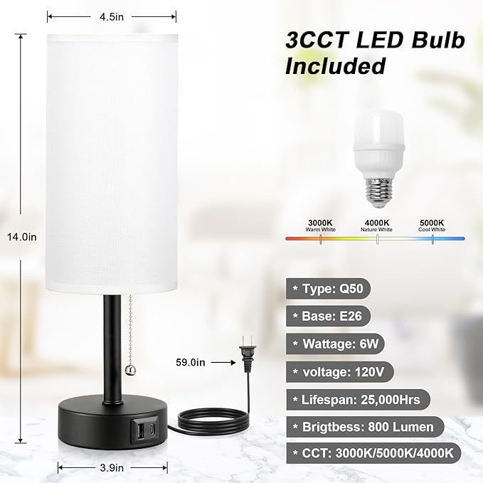 White Bedside Lamps for Bedroom Set of 2 - Nightstand Table Lamp with USB A + C Charging Port, 3 Color Temperatures Pull Chain Night Stand Light, Side Table Desk Reading Lamp for Living Room/Dorm - Bloomnest