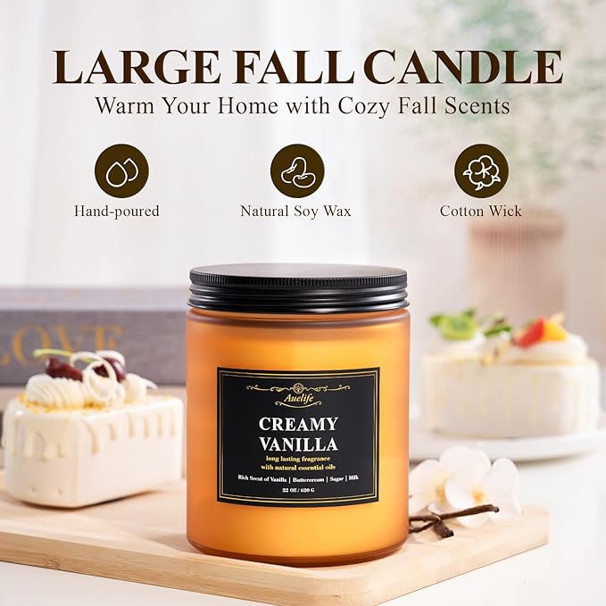 Auelife Creamy Vanilla Scented Candle – 22oz Large 3-Wick Soy Candle, Sweet Long Lasting Fall Candles for Home, Cozy Autumn Candles, Relaxing Gifts for Women & Men - Bloomnest