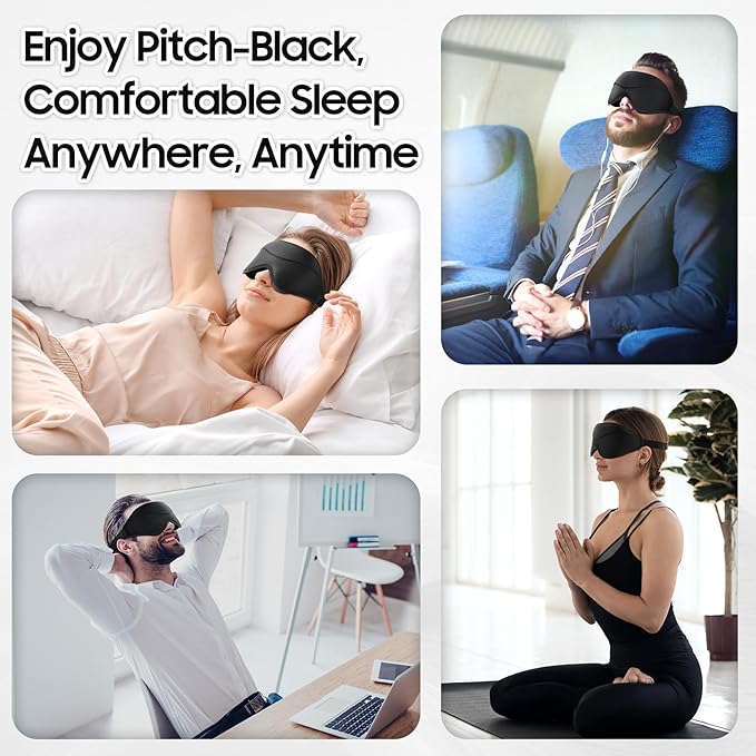 Sleep Mask - Total Blackout 3D Sleeping Mask, Super Lightweight & Silky Soft Eye Mask for Sleeping, Fully Adjustable Fit for Home, Office, Traveling, Meditation, Yoga, Black - Bloomnest