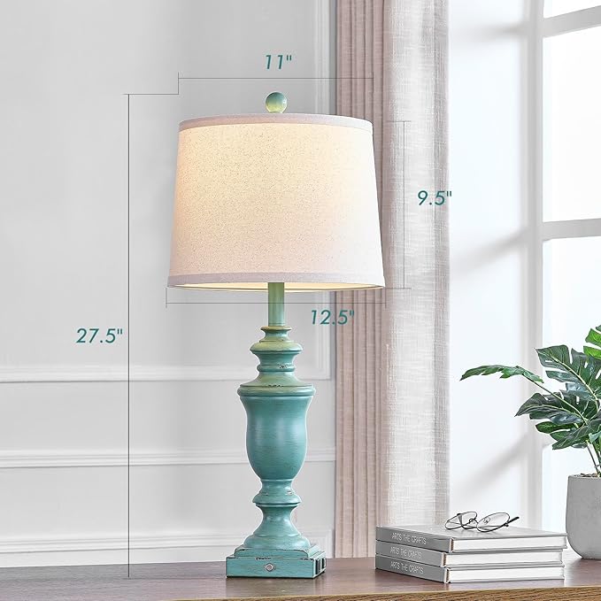 27.5" Set of 2 Farmhouse Table Lamps for Bedroom, 3 Way Dimmable Bedside Lamp with 2 USB +AC Outlet Nightstand Lamps for Living Room Resin Rustic Touch Lamps (Antique Green) - Bloomnest