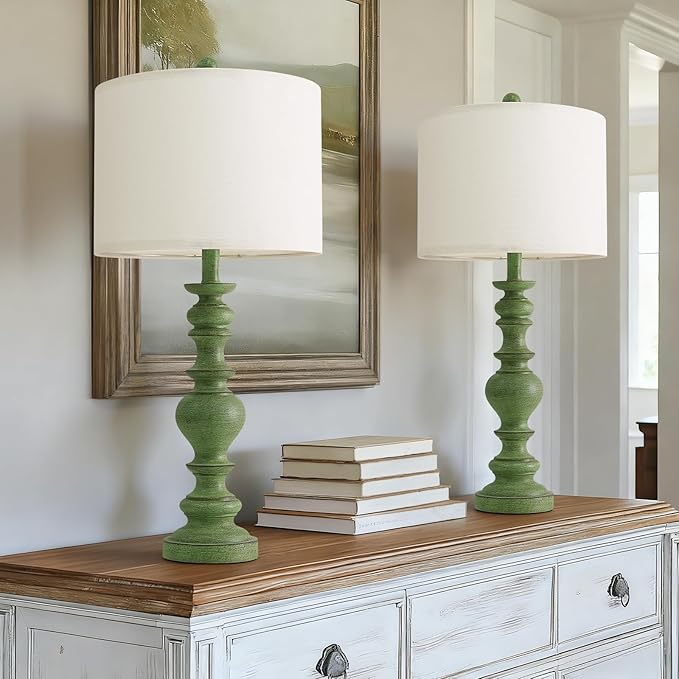 BOBOMOMO 27" Sage Green Table Lamps Set of 2, Large Farmhouse Resin Lamps with Linen Shades, Green Vintage Lamps for Living Room, Bedroom, or Entryway, Rustic Elegant Home Décor - Bloomnest