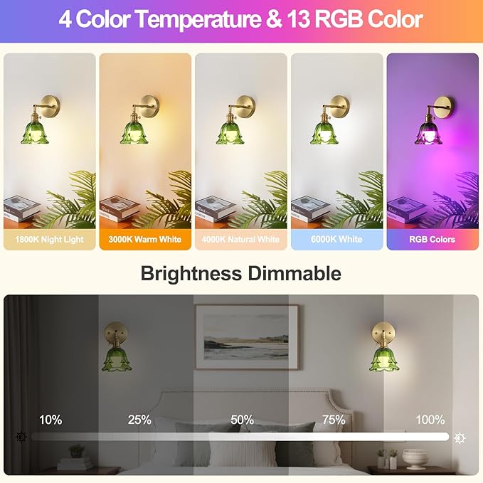 2 Pack Vintage Battery Operated Wall Sconces, Rose Green Lampshade & 180 Degree Adjustable, Wireless Rechargeable RGB Wall Light with Remote Control, for Bedroom Living Room Hallway Aisle - Bloomnest