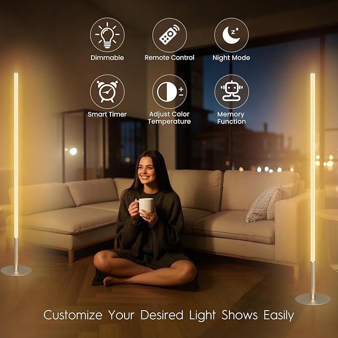LED Corner Floor Lamp, Set of 2 Minimalist Dimmable Light with Remote, 2700-6500k Color Temperature Stepless Adjustable, 58" Tall Standing Lamp for Living Room, Bedroom, Office, Silver - Bloomnest