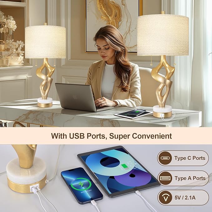 Scenekoy Sculptural Table Lamp Set of 2 with USB Ports for Bedroom Living Room, 26” Gold Leaf Marble Base Bedside Lamps, Pull Chains Switch Modern Nightstand Lamp for Home Room Decor (Bulbs Included) - Bloomnest