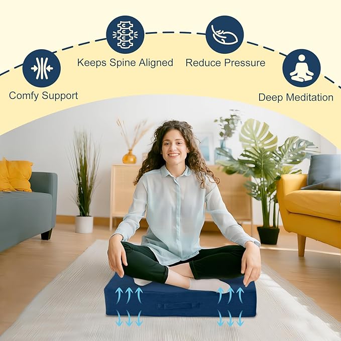 Wellsin Solid Square Floor Pillows for Adults Kids - Large Meditation Floor Pillow Seating Cushion with Thick Foam & Washable Velvet Cover, 2 Pack, 22x22x5 Inch, Dark Blue - Bloomnest