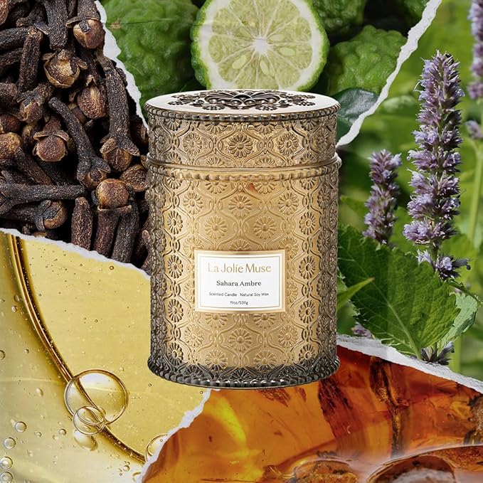 LA JOLIE MUSE | Sahara Amber Candle | Bergamot, Clove & Amber | 19 oz Wooden Wick | Natural Soy Wax | 90 Hours Clean Burn | Gift-Ready for Cozy Nights | Elevated Fall Décor - Bloomnest