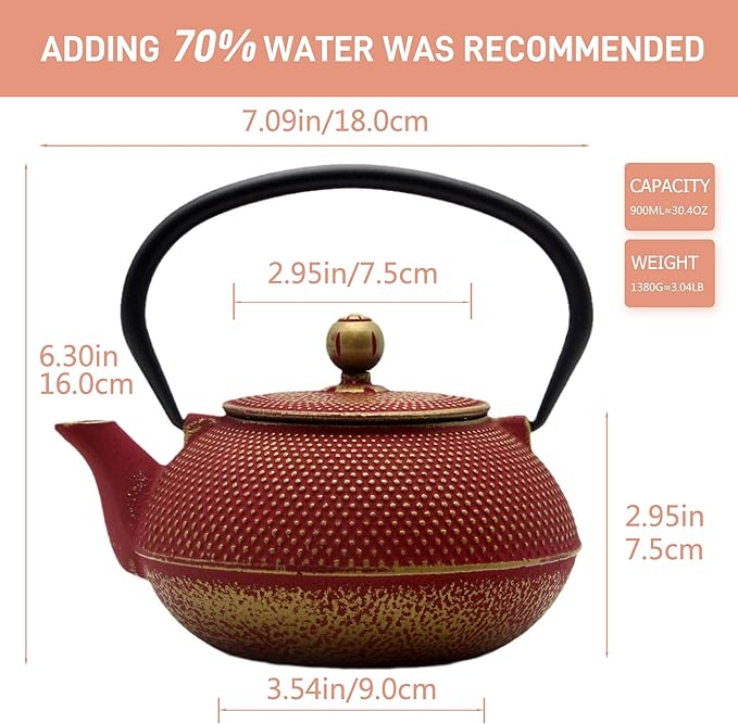 Cast Iron Teapot Tea Kettle with Stainless Steel Infuser for Stovetop Safe Coated with Enameled Interior Japanese Red Tetsubin for Loose Tea(30.4oz/900ml) - Bloomnest