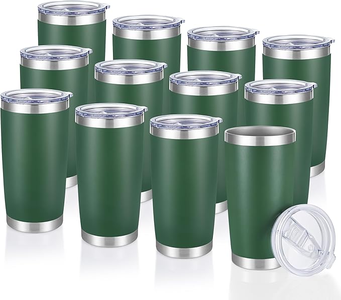 20 oz Tumblers Bulk Stainless Steel Tumbler with Lid Double Wall Vacuum Insulated Coffee Mug 20oz Powder Coated Cup for Hot and Cold Drinks, Dark Green, 12 pack - Bloomnest