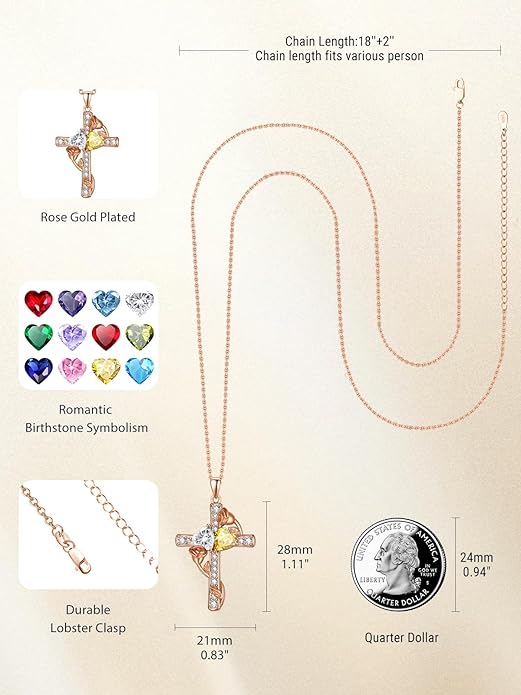 Rose Gold Dual Birthstones Cross Necklace for Women Rose Flower Jewelry Anniversary Christmas Mother's Valentine's Day Birthday Gift for Wife Girlfriend Mom - Bloomnest