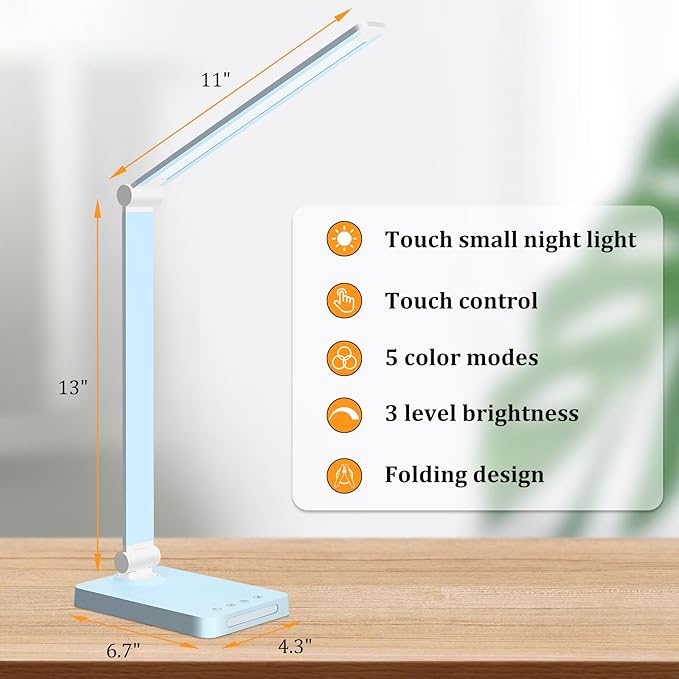LED Desk Lamp with USB Ports,Touch Desk Lamps for Home Office with 5 Color Modes,3 Brightness Desk Light with Small Night Light,Reading Lamp Table Lamp for Bedroom Bedside Study Blue （with adapter） - Bloomnest