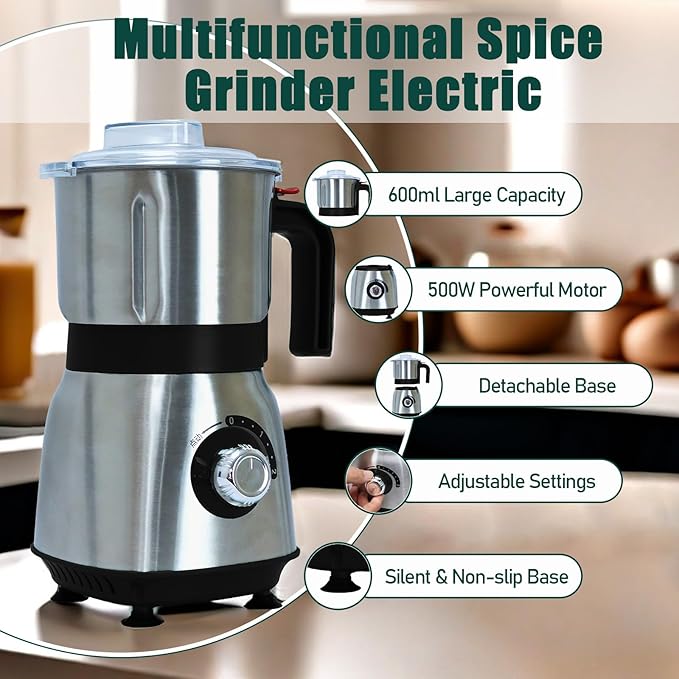 Grinder for Kitchen, Spice Grinder Electric Dry Comes With 3 Removable Stainless Steel Blades, 500w Suitable For Grinding Spices, Herbs, Coffee Beans, Grains, Nuts (Black) - Bloomnest
