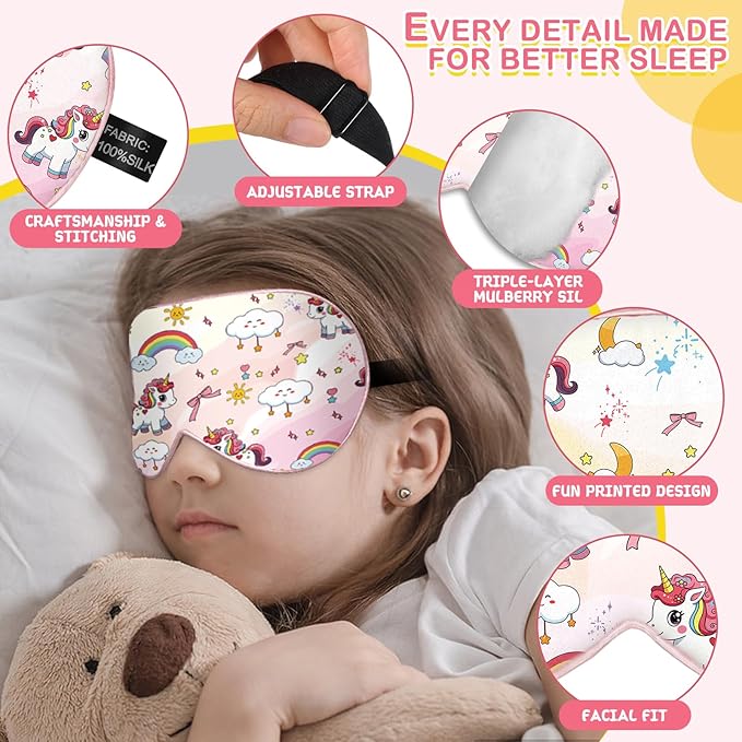 Kids Silk Sleep Mask: 100% Mulberry Silk Eye Mask with Adjustable Strap, Cute Sleeping Blindfold for Boys Girls Teens, Soft & Lightweight Eye Shade for Travel, Nap, Bedtime (Pink Horse Style) - Bloomnest