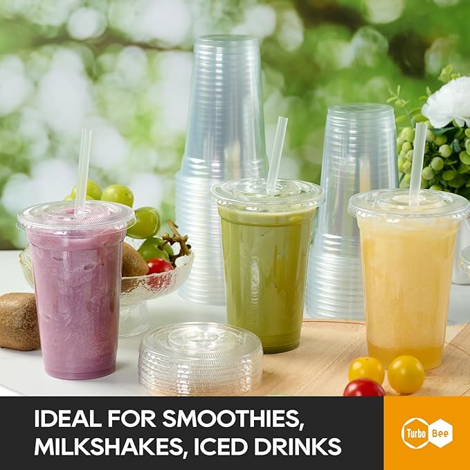 Turbo Bee 200 Sets 24 OZ Clear Plastic Cups with Lids and Straws, Disposable To Go Iced coffee cups with lids for Cold Drinks, Smoothie, and Slushie - Bloomnest