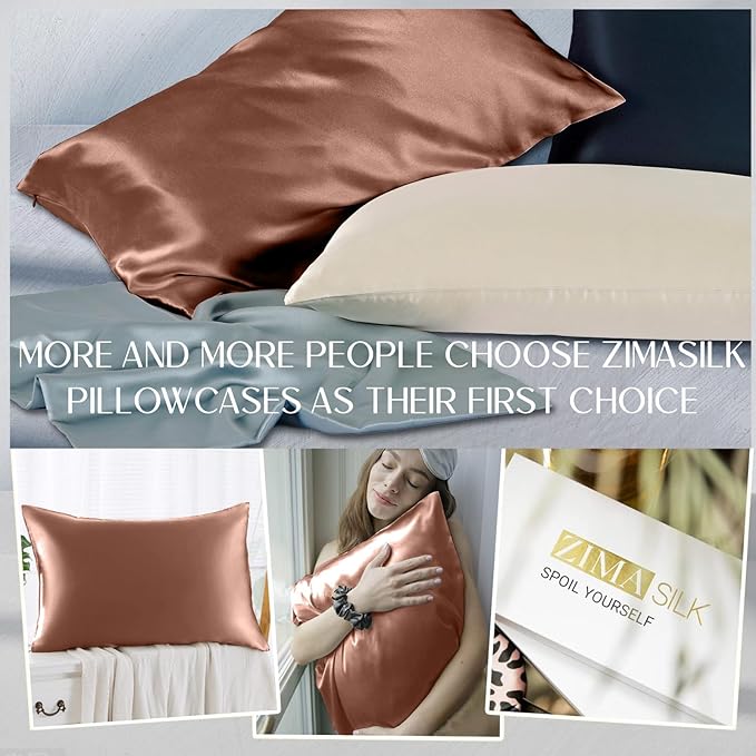 ZIMASILK 100% Pure Mulberry Silk Pillowcase for Hair and Skin Health,Soft and Smooth,Both Sides Premium Grade 6A Silk,600 Thread Count,with Hidden Zipper,1pc (Standard 20''x26'',Mocha) - Bloomnest