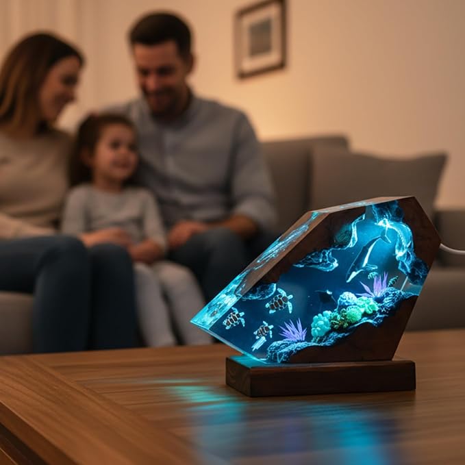 Handmade 3D Ocean Resin Lamp, Epoxy Ocean Night Light with Wooden Base, LED Color Changing Table Lamp, USB Powered Dragons Decor, Unique Ocean Gift for Bedroom & Home Office (Humback Whale) - Bloomnest
