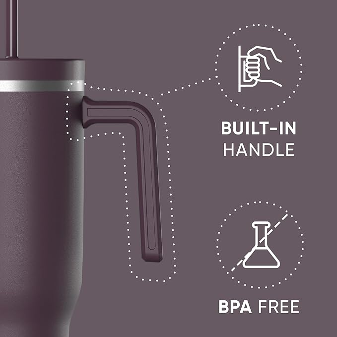 Hydrapeak Voyager 40 Oz Stainless Steel Tumbler with Handle, Insulated Water Bottle With Straw & Lid, Cupholder Friendly Reusable Travel Mug (Midnight Plum) - Bloomnest