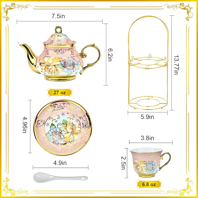 20 Pieces Porcelain Tea Set With Metal Holder, European Ceramic tea set for adults,Flower Tea Set,Tea Set For Women With Flower Painting (Large version, yellow) - Bloomnest