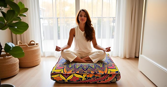 New Blue Ombre Mandala Barmeri Large Floor Pillow Cover Cushion Meditation Seating Ottoman Throw Cover Hippie Decorative Zipped Bohemian Pouf Ottoman Pom Pom Cases 24" Square - Bloomnest