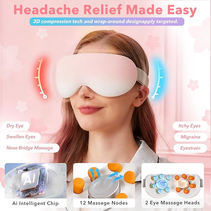Eye Massager with Heat and Cooling for Migraines – 14 Massage Nodes for Eye Strain Relief, Rechargeable Bluetooth Music, Improve Sleep,Eye Strain Relief, Birthday Gifts for Women and Men(Pink) Bloomnest