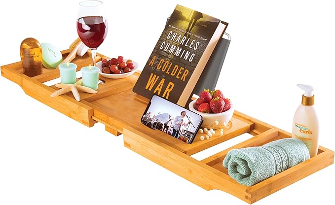 Wooden Bathtub Tray - Foldable Expandable Bamboo Bath Tray for Tub with Wine Holder, Book & Tablet Stand - Bath Caddy for Bathtub, Spa Bath Accessories for Women, Tub Tray Table, Gift for Her or Him - Bloomnest