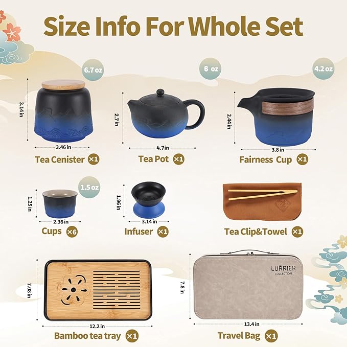 LURRIER Gongfu tea sets, Portable Ceramic TeaSet, Asian Tea sets for adult, Tea Gift sets, Grey leather case, Portable Travel Bag,Home,Gifting,Outdoor and Office(XBlack and Blue) - Bloomnest