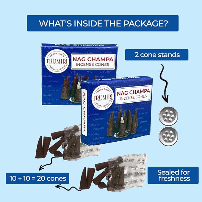 Nag Champa Incense Cones - Total 20 Cone Incense - Dual Pack of 10 Insence Cones - Incense Cones Scented - Cone Incense Scents - Insense Cones - Incent Cone TRUMIRI