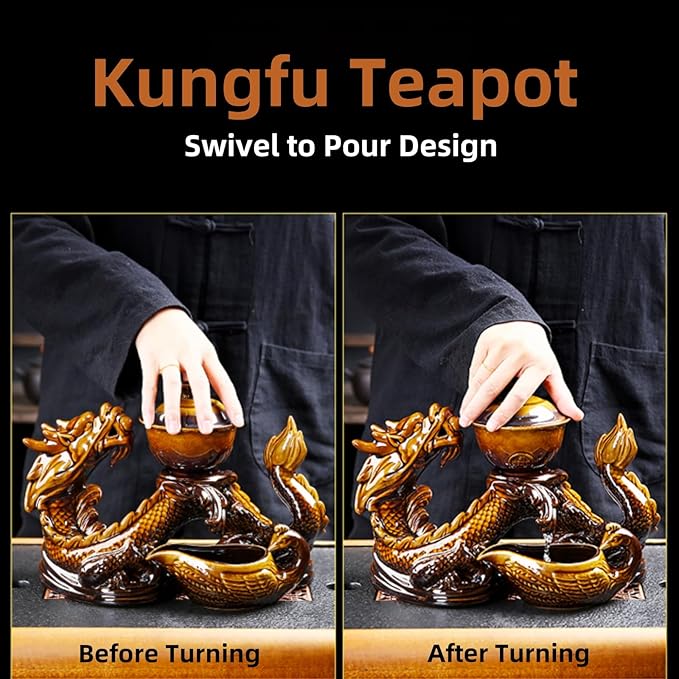 Chinese Gongfu Tea Set - Ceramic Teapot with Infuser, 8 Cups, Semi Automatic Dragon Design for Loose Leaf Tea