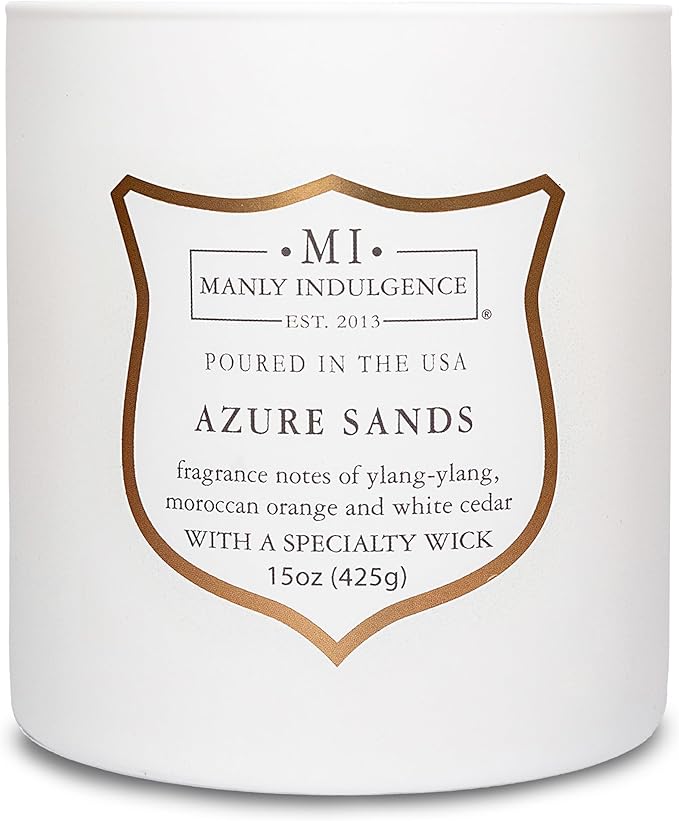 Manly Indulgence Azure Sands Scented Candles for Men, 15 oz Wooden Wick, Premium Soy Blend Wax, 60H Burn, Candles for Home Scented - Made in The USA - Bloomnest
