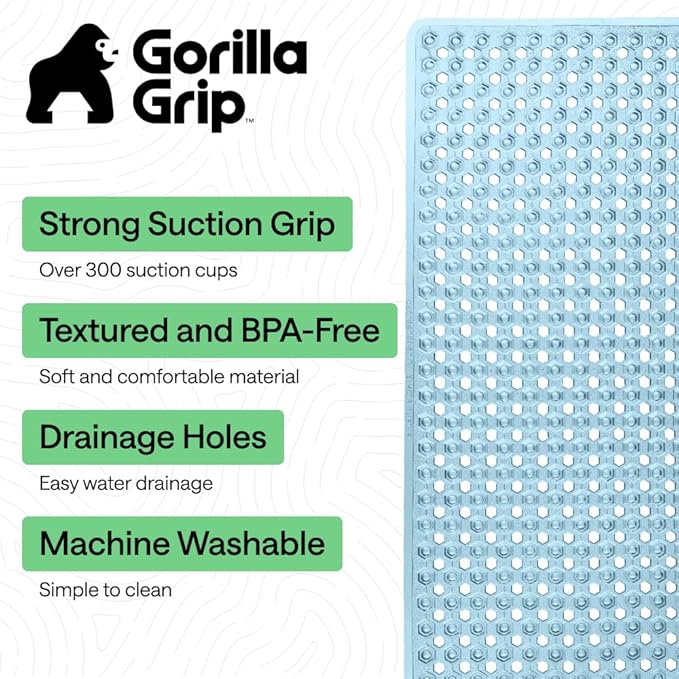 GORILLA GRIP Patented Bath Tub Shower Mat, Machine Washable Bathtub Floor Liner Mats, Suction Cups and Drain Holes to Keep Tubs Clean, Soft on Feet, Bathroom Essentials, 35x16 Inch, Clear Blue - Bloomnest