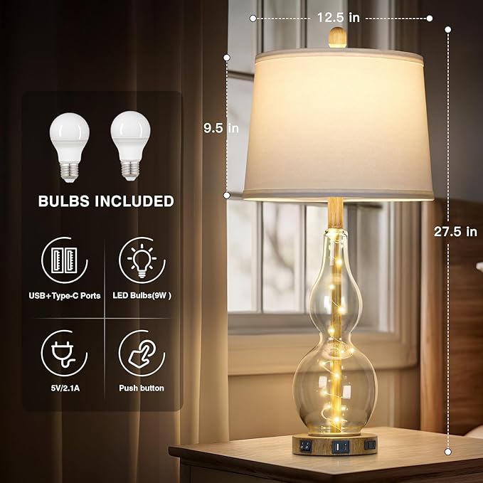 27.5" Clear Glass Table Lamp Set of 2 with Night Light,Bedside Lamps with USB Ports and AC Outlet, Modern Nightstand Lamps Retro Farmhouse lamp for Bedroom Living Room - Bloomnest