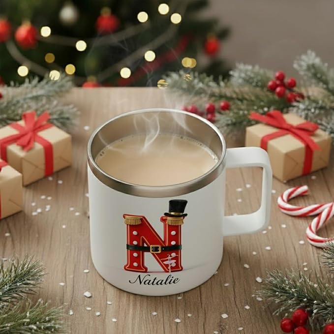 Personalized Nutcracker Ballet Mug with Custom Name & Initial - 14oz Insulated Coffee Tumbler with Handle & Lid - Elegant Christmas Gift for Dancers, Ballerinas, Women & Girls (B65) - Bloomnest